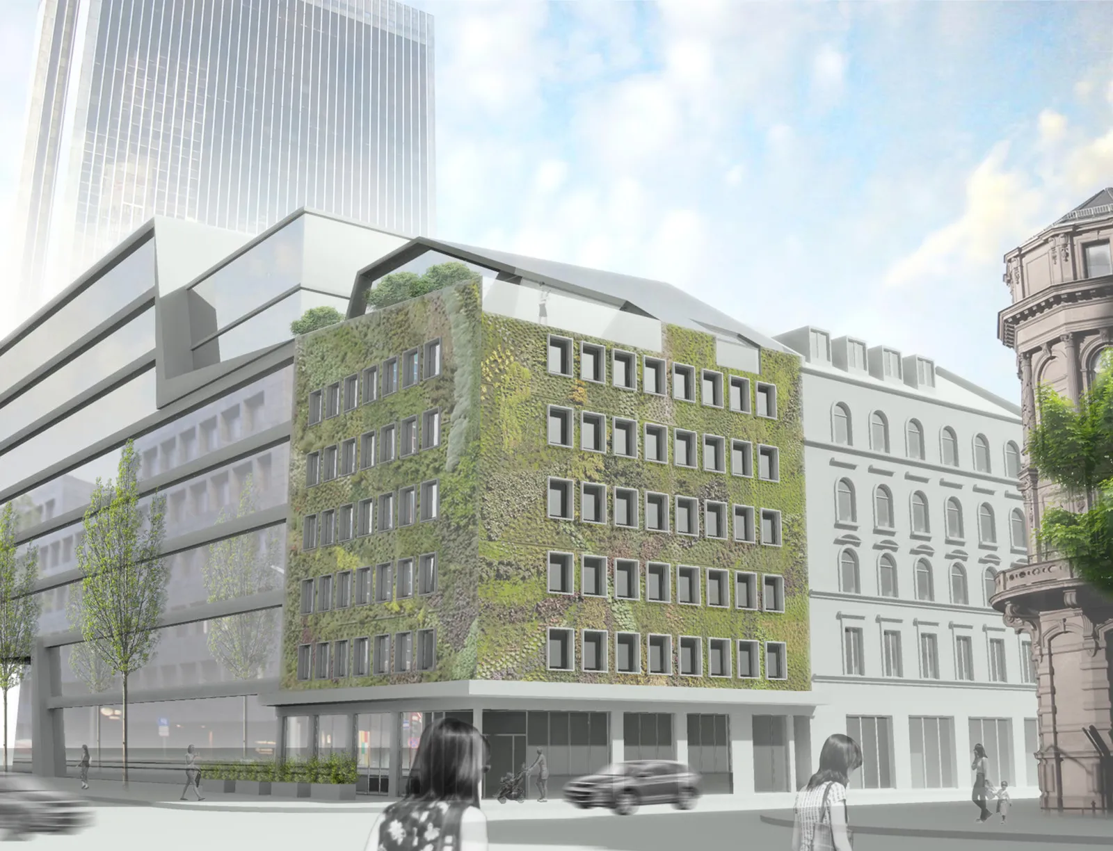 Visualisierung eines Wettbewerbsbeitrags mit begrünter Fassade